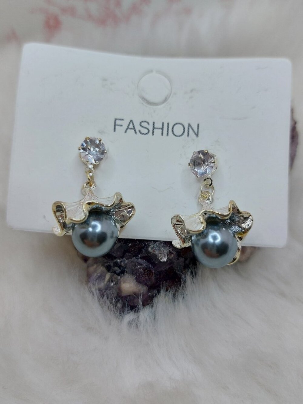 Dark Grey Faux Pearl Cradled Flower Cap Studs Earing
